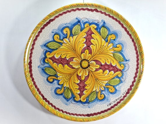 43 cm Sicilian ceramic plate, wall plate, flat plate, typical Sicilian dish, flat plate, serving plate