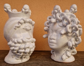 glossy white handmade dark brown heads, vases, Sicilian ceramics, jellyfish head, polyphemus head, original Sicilian moor heads