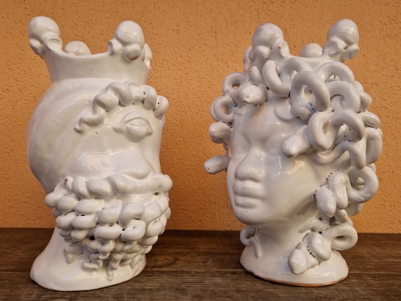 glossy white handmade dark brown heads, vases, Sicilian ceramics, jellyfish head, polyphemus head, original Sicilian moor heads