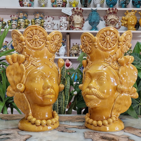 handcrafted Sicilian ceramic dark brown heads, vases, Design, dark brown heads, ceramic heads, vases, plant holders, honey heads