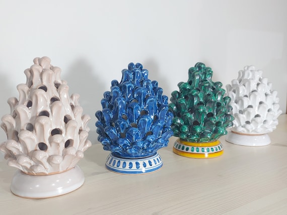 Sicilian ceramic candle holder, Caltagirone, handmade, pine cones, soft light, lighting, aperitif, for the table