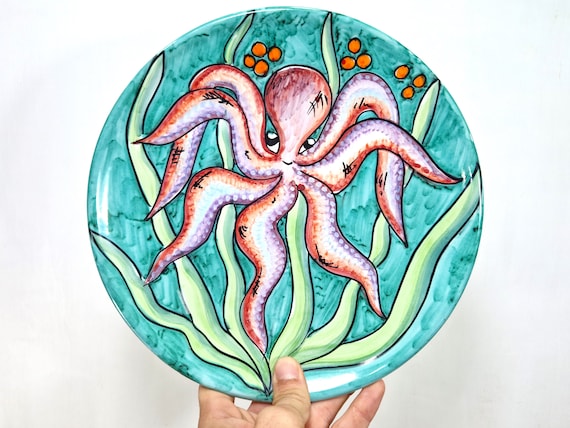 25 cm Sicilian ceramic plate, wall plate, flat plate, plate with fish, plate plate, serving plate
