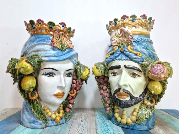 giant 55 cm Sicilian ceramic Moorish heads Caltagirone, Caltagirone heads, Moorish heads, ceramic heads, vases, plant holders