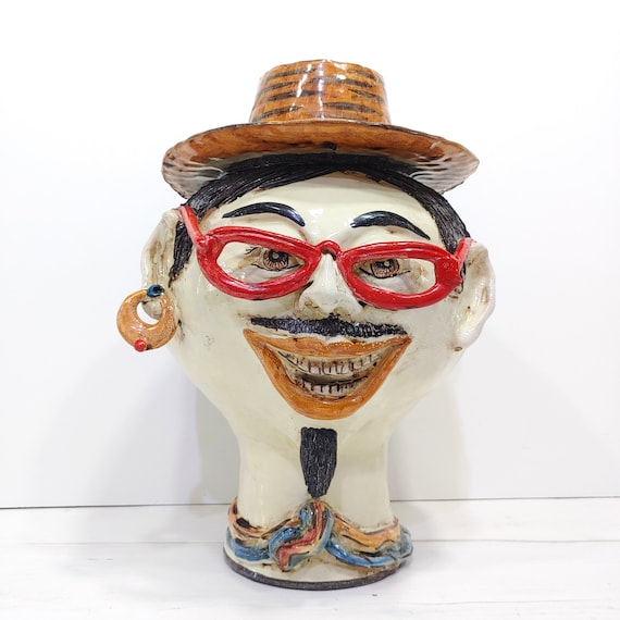 Mexican Anthropomorphic Head, Modern Sculpture, Sicilian Artisan Ceramics, Unique Piece, Dark Brown, Caltagirone Ceramics