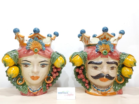 large dark brown heads, vases, Caltagirone ceramics, Design, Sicilian heads, Sicilian Moors, unique pieces, Sicilian crafts, faces