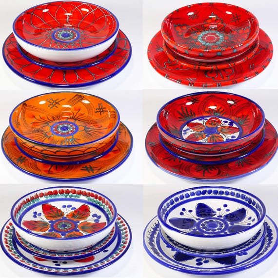 18-piece Sicilian Aeolian ceramic dinner set in six different decorations, handmade, for the table, colored, hand painted