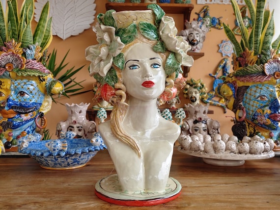 Large half-length woman, Caltagirone ceramic sculpture, Sicilian handcrafted Moorish heads, vases, Caltagirone ceramics.