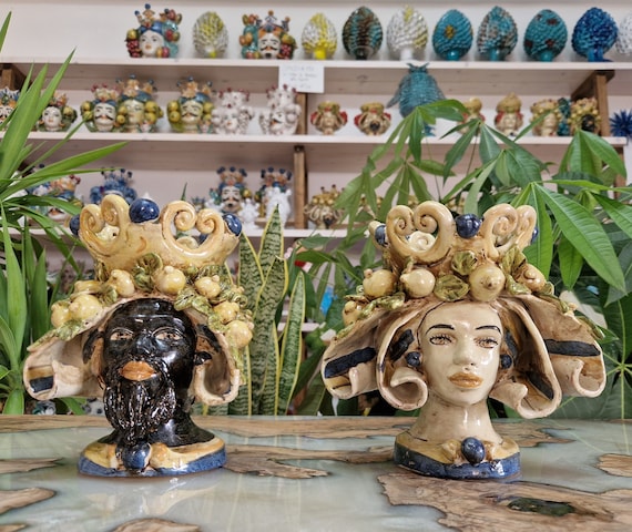 Sicilian handcrafted dark brown heads h20, vases, Caltagirone ceramics, Design, home decoration, Sicilian craftsmanship, faces, vases.