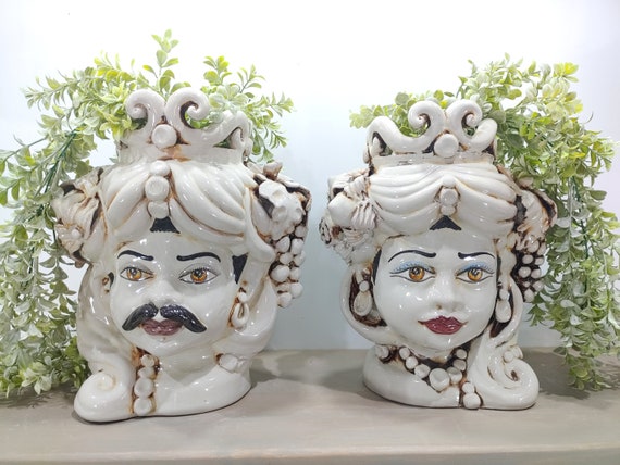 Sicilian handcrafted dark brown heads of Caltagirone antique ivory, vases, Sicilian ceramics, home decoration, handmade, Sicilian heads