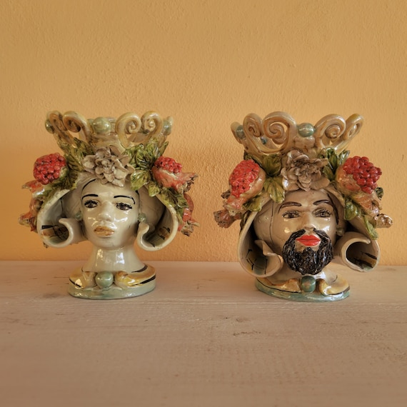 handcrafted Sicilian dark brown heads h20, vases, Caltagirone ceramics, Design, home decoration, Sicilian craftsmanship, faces, vases.