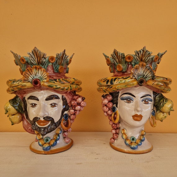 handcrafted Sicilian dark brown heads H33, vases, Caltagirone ceramics, Design, home decoration, Sicilian craftsmanship, faces, faces, vases