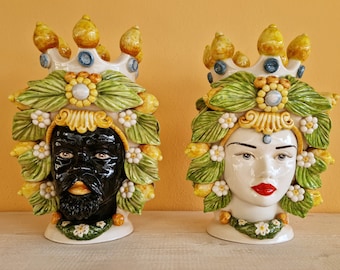 Sicilian Moorish heads handcrafted H34, vases, Caltagirone ceramics, Design, home decoration, , Sicilian craftsmanship, faces, visages, vases