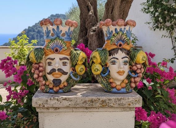 Moor's heads h26, vases, Caltagirone ceramics, Sicilian ceramics, Design, home decoration, handmade, unique pieces, craftsmanship.