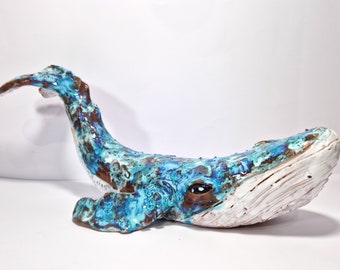 ceramic whale, blue whale, unique piece, Sicilian crafts, handmade, home decoration, handmade whale