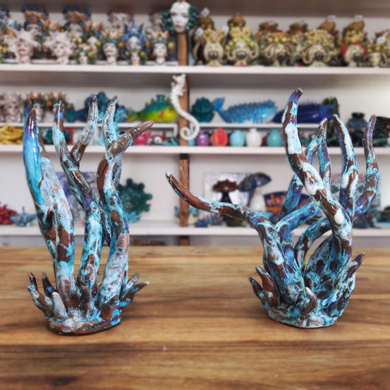 Sea anemone 21 cm of Sicilian handmade ceramic, anemone, ring holder, table decoration, home design