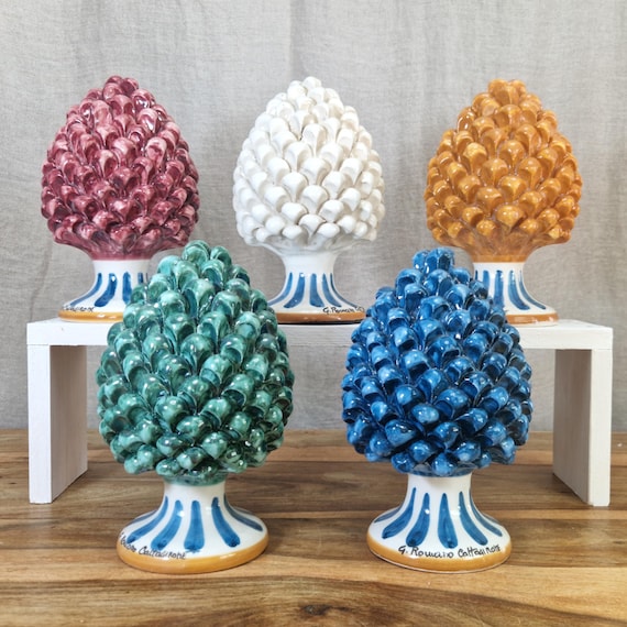 H21 pine cones in Sicilian Caltagirone artisan ceramic, unique pieces, interior and exterior home decor, design, handmade, lucky charm,