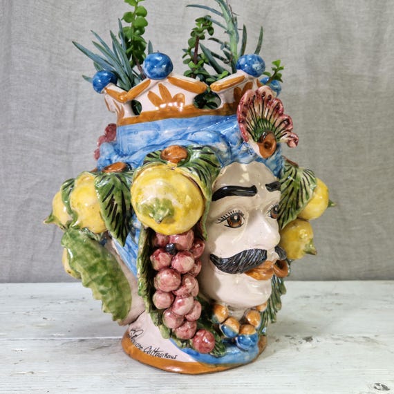 large double-faced Moor's head, vases, Caltagirone ceramics, Sicilian heads, Sicilian Moors, Sicilian craftsmanship, faces