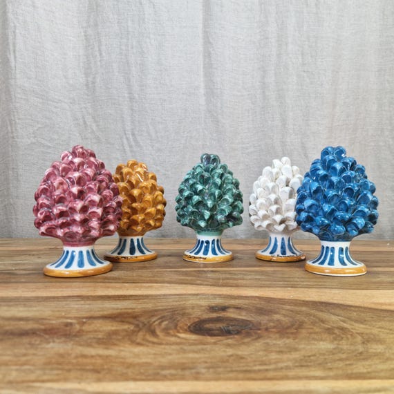 H16 pine cones in Sicilian Caltagirone artisan ceramic, unique pieces, interior and exterior home decor, design, handmade, lucky charm,