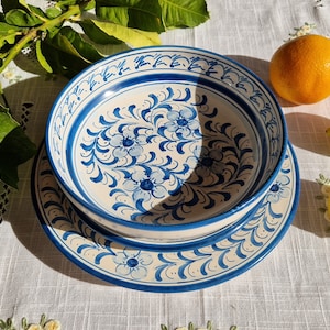 18-piece dinner set in handcrafted Sicilian ceramic Caltagirone name with Blue Floral decoration, handmade, colourful, hand painted