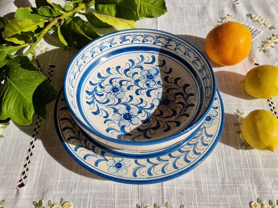 18-piece dinner set in handcrafted Sicilian ceramic Caltagirone name with Blue Floral decoration, handmade, colourful, hand painted