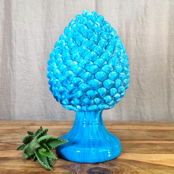 Pine cone H40 green in Sicilian handcrafted ceramic, unique pieces, interior and exterior home decor, design, handmade, lucky charm