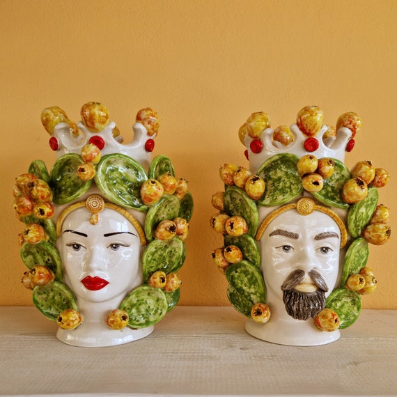 handcrafted Sicilian dark brown heads, vases, Caltagirone ceramics, Design, home decoration, Sicilian craftsmanship, faces, faces, vases