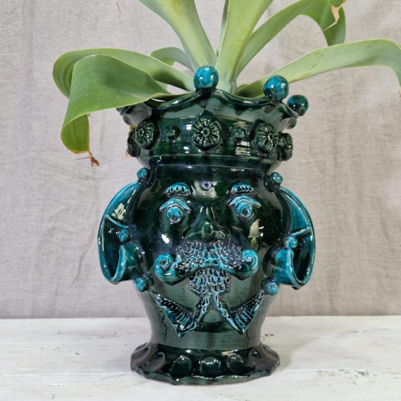 Sicilian ceramic Moor's heads, handcrafted vases, Design, Moor's heads, ceramic heads, vases, plant holders, turquoise head