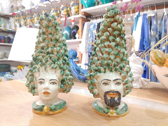 anthropomorphic heads, pine cone, Caltagirone ceramics, Sicilian ceramics, Design, home decoration, unique pieces, crafts, dark brown heads