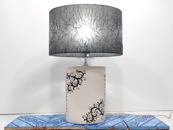 handmade Sicilian artisan ceramic lamp of caltagirone, handcrafted lamp, white lamp, black lamp, soft light