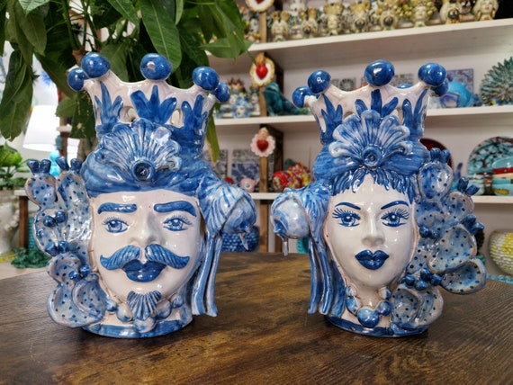 dark brown heads h26, vases, Caltagirone ceramics, Sicilian ceramics, Design, home decoration, handmade, unique pieces, craftsmanship.