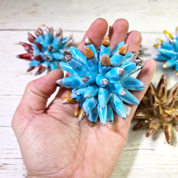 Sea urchin 10 cm of Sicilian handmade ceramic red multy, sea urchin spines, ring holder, table decoration, home design, sea urchin