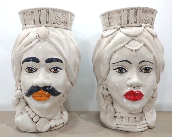 handmade dark brown heads, vases, Sicilian ceramics, Design, dark brown heads, ceramic heads, vases, plant holders, white heads