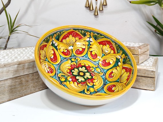 Medium bowl 25 cm, centerpiece, bowls, trays, appetizer dishes, salad bowl, tureen, Sicilian Caltagirone ceramics, handcrafted