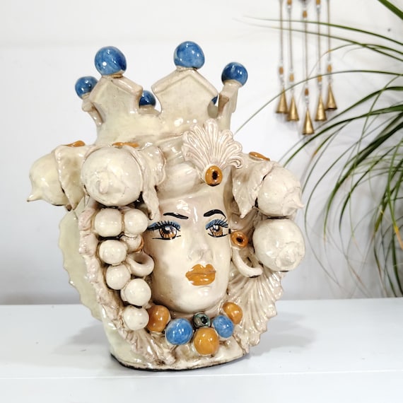 Moorish heads h30 double-faced, vases, Caltagirone ceramics, Sicilian heads, Sicilian Moors, Sicilian craftsmanship, faces