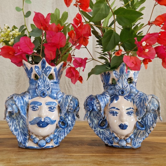 Sicilian handcrafted Moor's heads H22cm, vases, Caltagirone ceramics, home decoration, Sicilian craftsmanship, faces, vases
