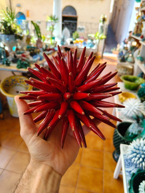Sea urchin 20 cm handmade Sicilian ceramic multicolor, sea urchin spines, ring holder, table decoration, home design, pencil sea urchin