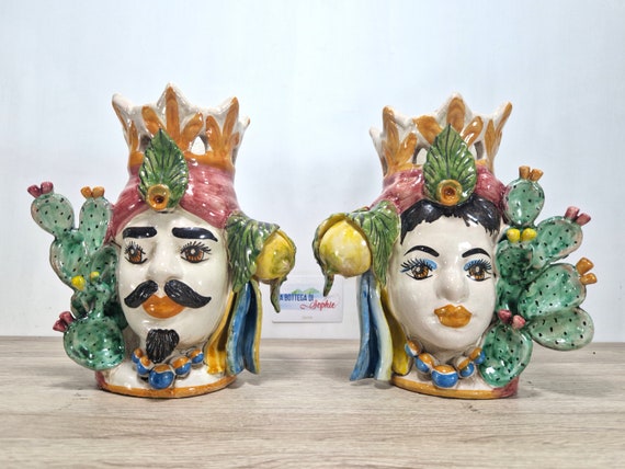 handcrafted Sicilian dark brown heads H22cm, vases, Caltagirone ceramics, home decoration, Sicilian craftsmanship, faces, faces, vases
