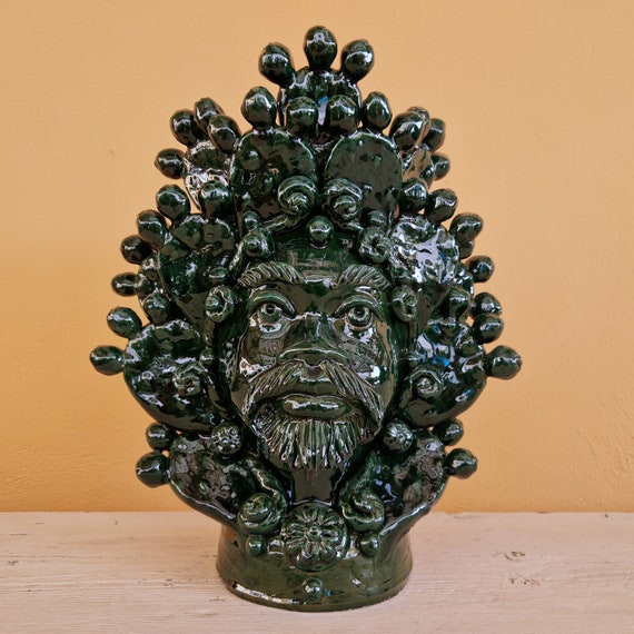 Sicilian ceramic Moor's head, handcrafted, vases, Design, Moor's heads, ceramic heads, vases, plant holders, green heads