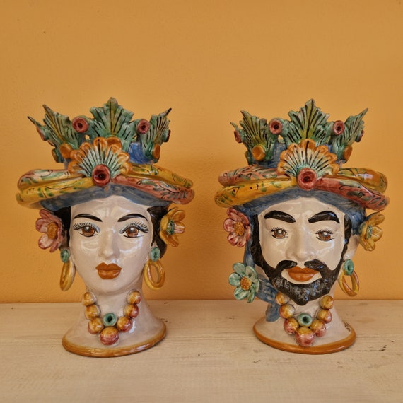 handcrafted Sicilian dark brown heads H33, vases, Caltagirone ceramics, Design, home decoration, Sicilian craftsmanship, faces, faces, vases