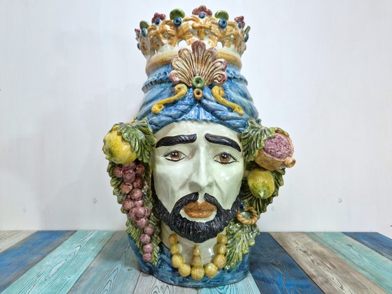 55cm giant Sicilian ceramic Moorish heads from Caltagirone, Caltagirone heads, Moorish heads, ceramic heads, vases, plant holders