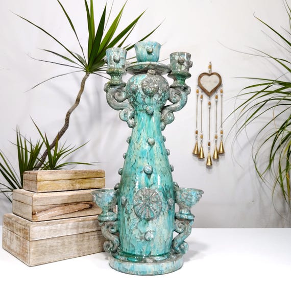 Sicilian handcrafted ceramic candelabra H 46