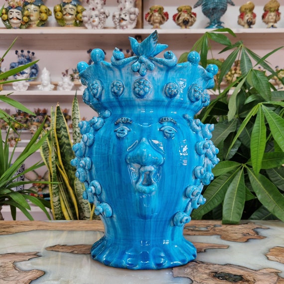 handcrafted Sicilian ceramic dark brown heads, vases, Design, dark brown heads, ceramic heads, vases, plant holder, turquoise head