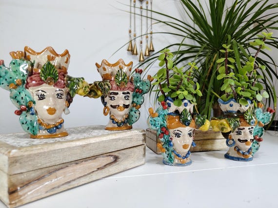 Moor's heads h13, Caltagirone ceramics, Sicilian ceramics, Design, decoration, handmade, pen holder, toothbrush holder, vase