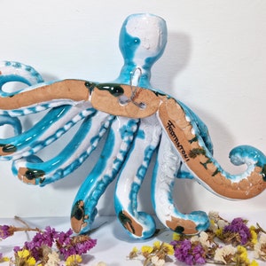 May include: A blue and white ceramic octopus wall hanging with a brown base. The octopus has eight tentacles and is signed "Frammutoni".