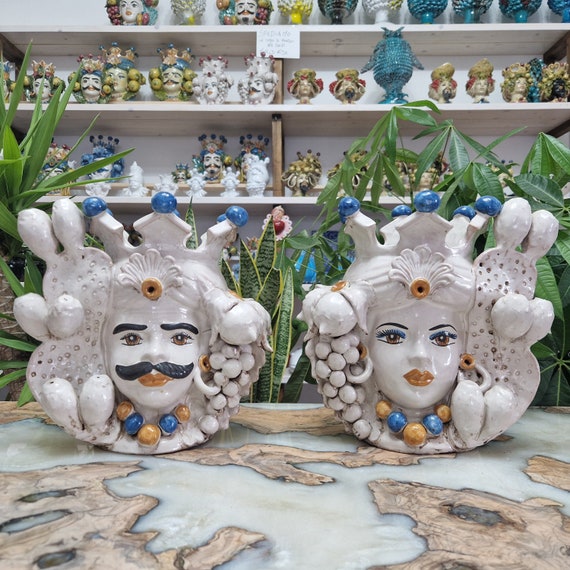 Sicilian Moorish heads, vases, Caltagirone ceramics, Design, home decoration, Sicilian craftsmanship, faces, visages, vases