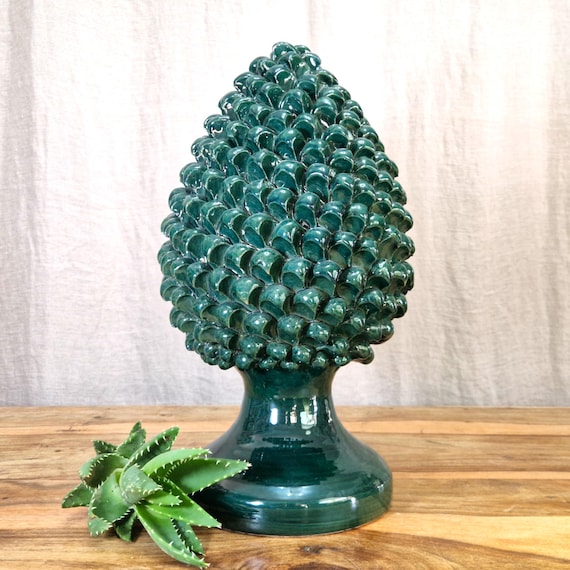 Pine cone H40 green in Sicilian handcrafted ceramic, unique pieces, interior and exterior home decor, design, handmade, lucky charm