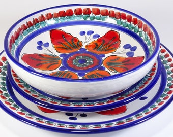 Servizio di piatti 18 pezzi in ceramica Eoliana Siciliana nome decoro cappero rosso, fatto a mano,per la tavola,colorato,dipinto a mano