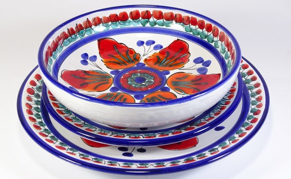 18-piece dinner set in Sicilian Aeolian ceramic, name red caper decoration, handmade, for the table, colourful, hand painted