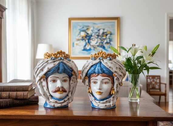 Sicilian Moorish heads, vases, Caltagirone ceramics, Sicilian craftsmanship, face, face, vases