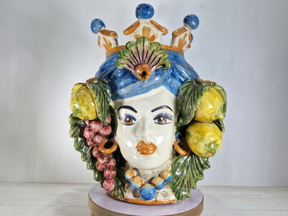 dark brown heads h30 double-sided, vases, Caltagirone ceramics, Sicilian heads, Sicilian Moors, Sicilian crafts, faces